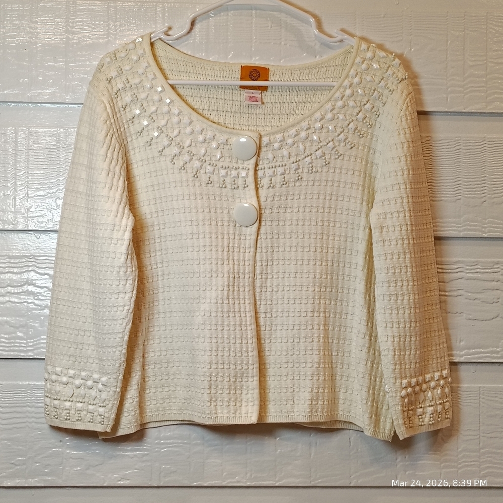 Ruby Rd. Embellished Cream Knit Cardigan WOMENS SZ LG OLD MONEY COQUETTE CHIC